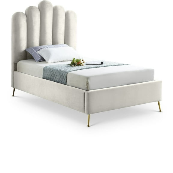 Meridian Furniture Lily Solid Wood and Tufted Velvet Twin Bed in Cream