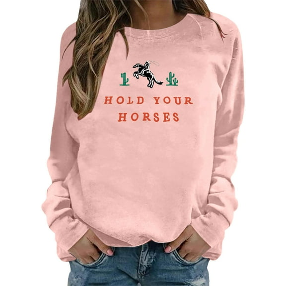 Wang6 Womens Plus Size Graphic Sweatshirts"Hold Your Horses"Letter Printed Long Sleeve Pullovers Causal Fall Crew Neck Tops Loose Fit Tshirts Pink XL