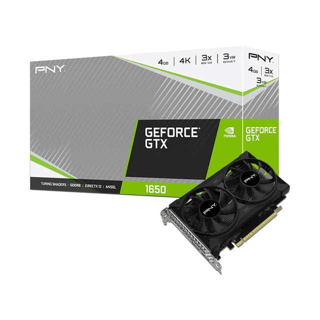 tarjeta de video pny nvidia geforce gtx 1650 vcg16504d6dfppb tarjeta gráfica negra con doble ventilador y disipador, conector PCIe x16 visible, 4GB GDDR6 y salidas 1x HDMI y 2x DisplayPort; caja gris y verde con logo GeForce GTX y marca PNY al fondo; también suele usarse para estaciones de juego compactas o equipos de actualización de PC.