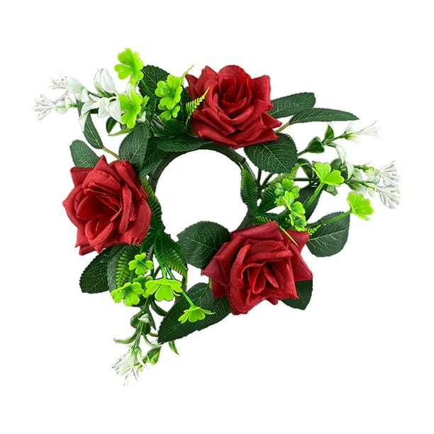 Corona de rosas artificiales para velas, candelabro de flores artificiales, centro de mesa decorativo para portavelas, adorno romántico para festivales, fiestas, decoración del hogar y eventos.