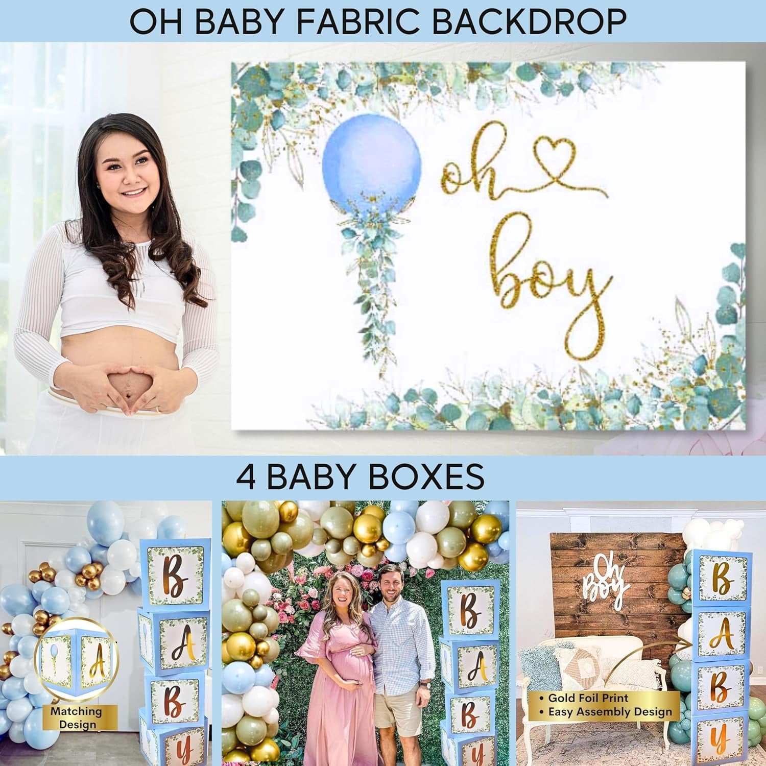 MEGA 254 Pc Dusty Blue And Sage Green Baby Shower Decorations Boy | Gender Neutral Balloons Garland Kit | BABY boxes | Banners, Cake Topper, Tablecloth, Plates, Napkins, Straws, Cups,