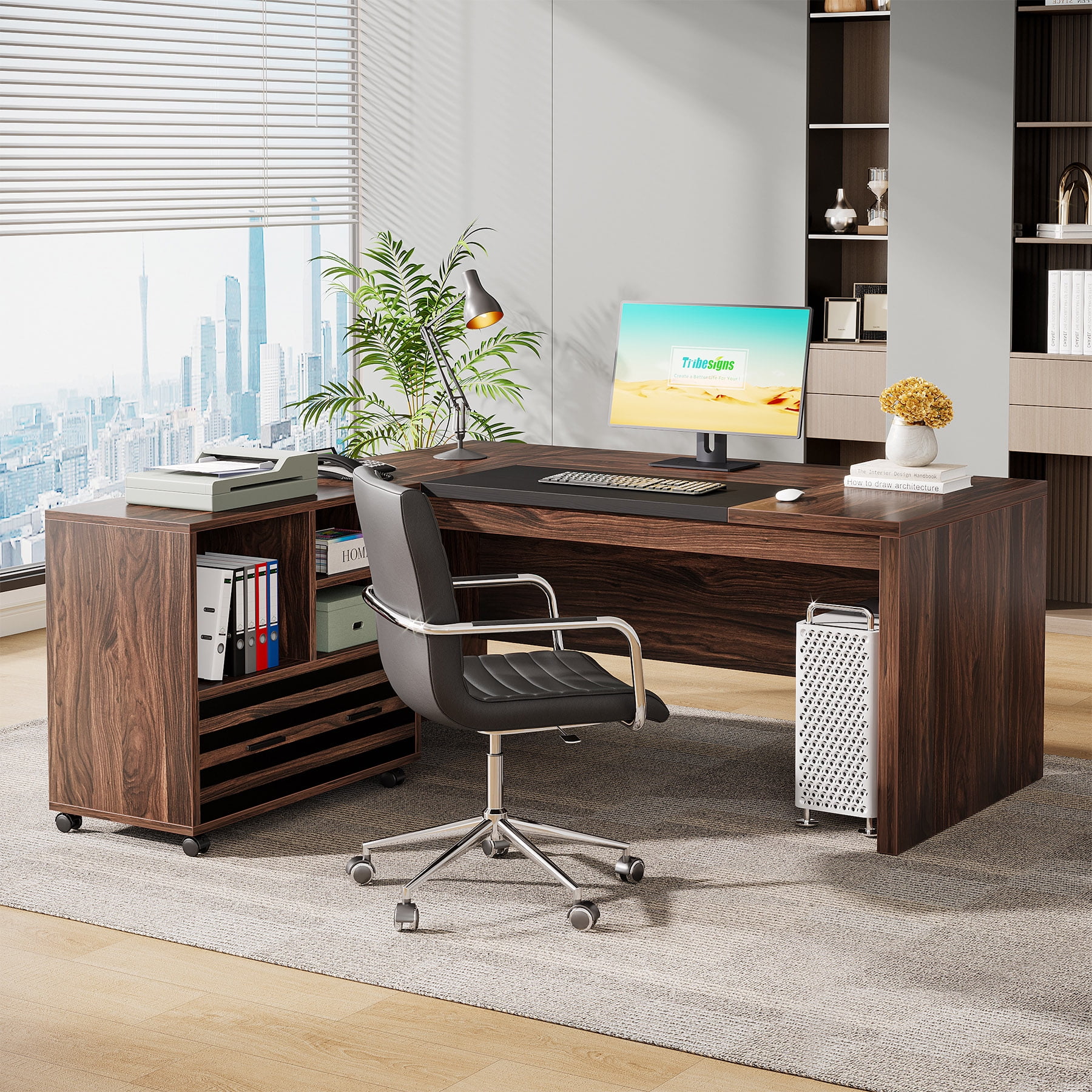 Tribesigns 62.2" Executive Desk with Mobile File Cabinet, L-Shaped Office Desk with Storage Shelves, Large Computer Desk Business Workstation Set for Home Office, Dark Brown