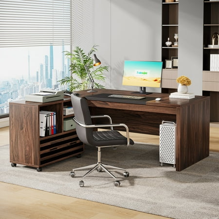 Tribesigns 62.2 Executive Desk with Storage Shelves L-Shaped Office Desk with Mobile File Cabinet Large Office Desk for Home Office Dark Brown