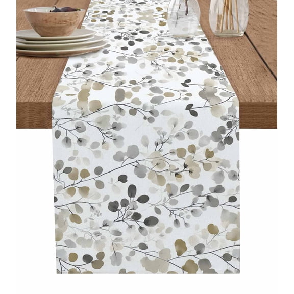Grey Brown Botanical Table Runner 72 Inches, Watercolor Summer Leaf Spring Bed Runner Dresser Scarves Tabletop for Indoor Outdoor Parties/Ceremony/Banquet, 16" x 72"