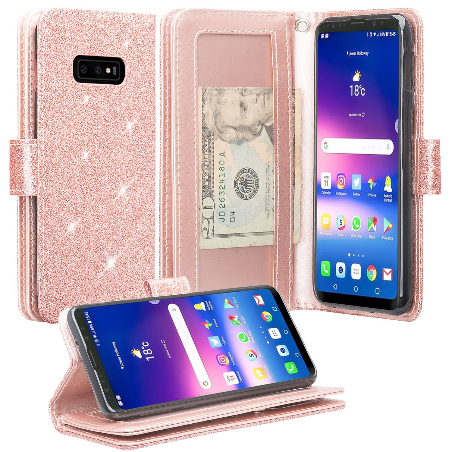 Samsung Galaxy S10 Case, Samsung Galaxy S10, Glitter Leather Flip Credit Card Holder Wrist Strap