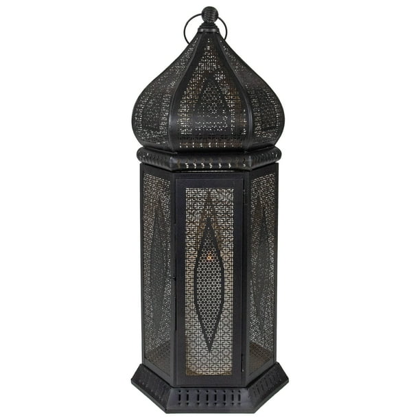 21.25" Black and Gold Moroccan Style CutOut Pillar Candle Lantern
