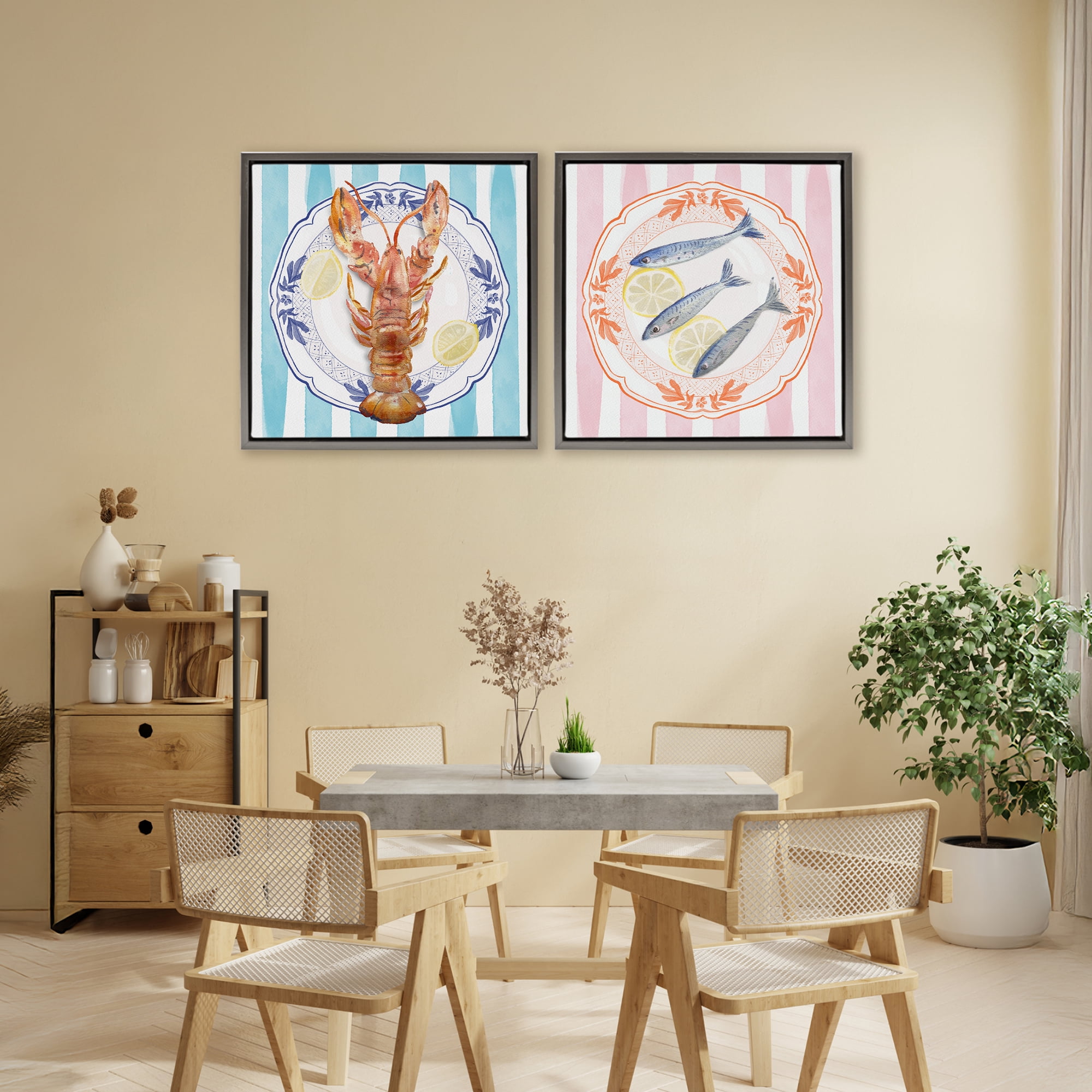 Stupell Industries Lobster & Sardines Plates 2 Piece Gray Framed Floater Canvas Set, design by Christie Adams