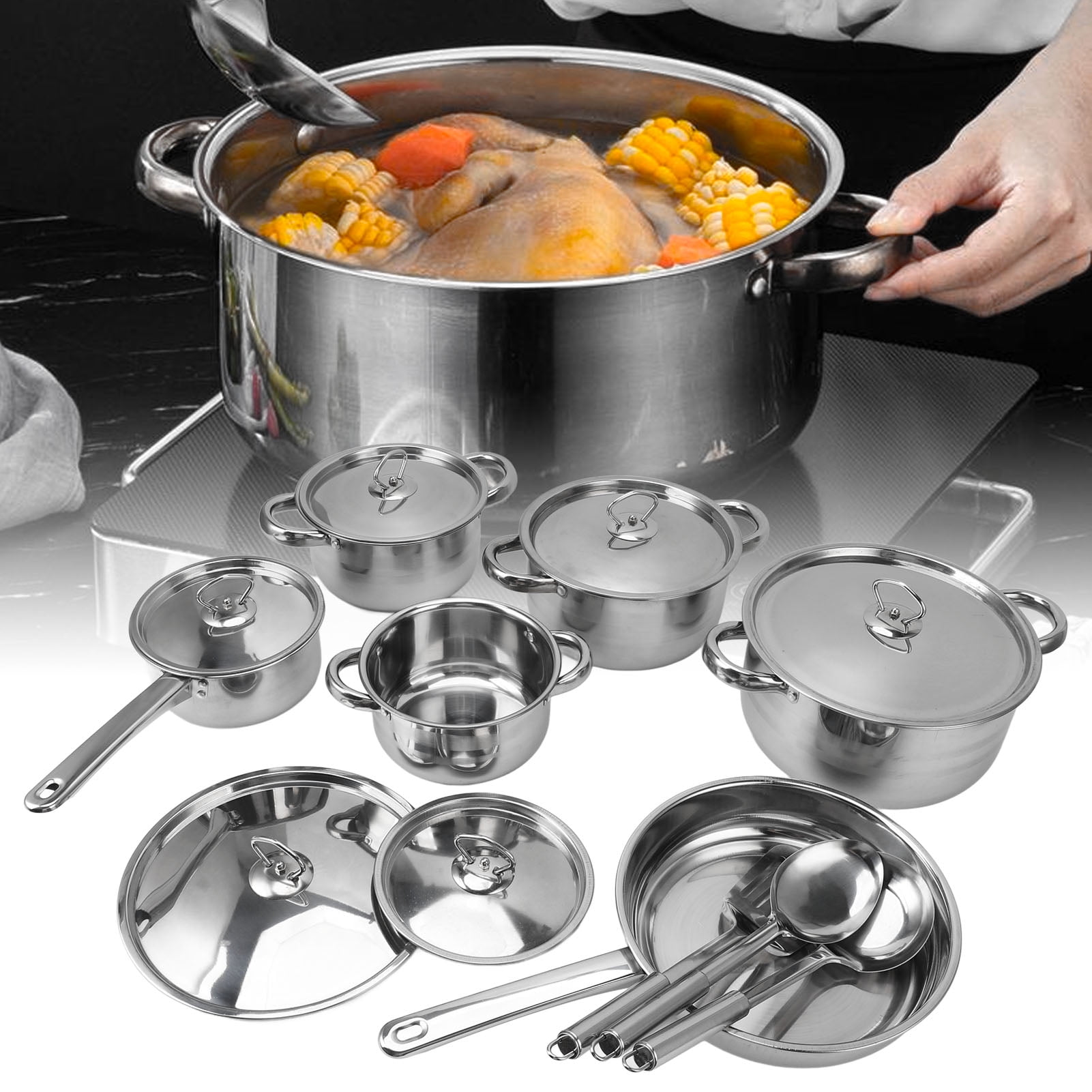 15 Piece Stainless Steel Cookware Set, Pots and Pans Set with Lids Non Toxic, Kitchen Induction Cookware with Utensil Sets For Oven & Dishwasher ,Heavy Premium Kitchen Cooking