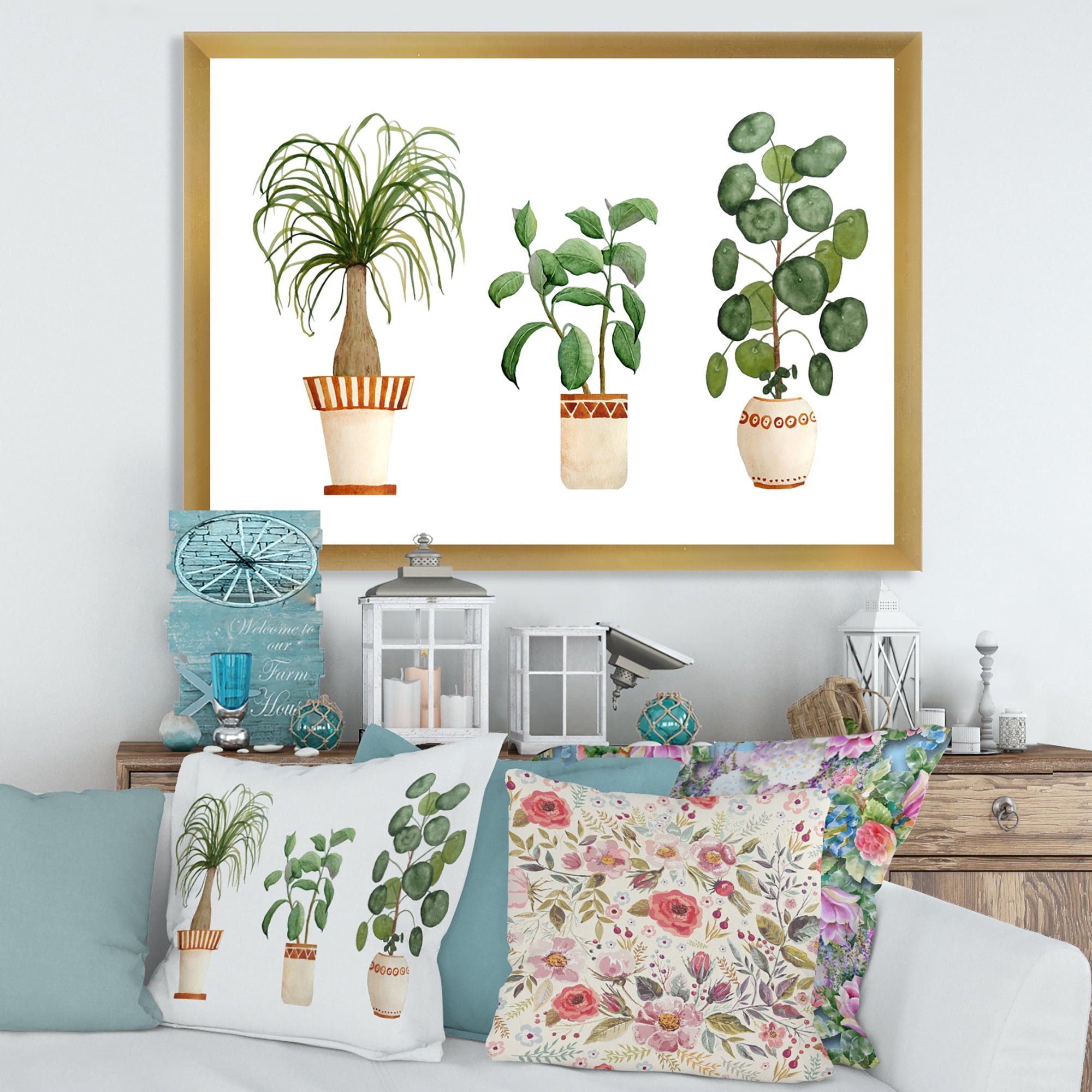 Designart 'Trio of House Plants Ficus Ponytail and Palm' Traditional Framed Art Print
