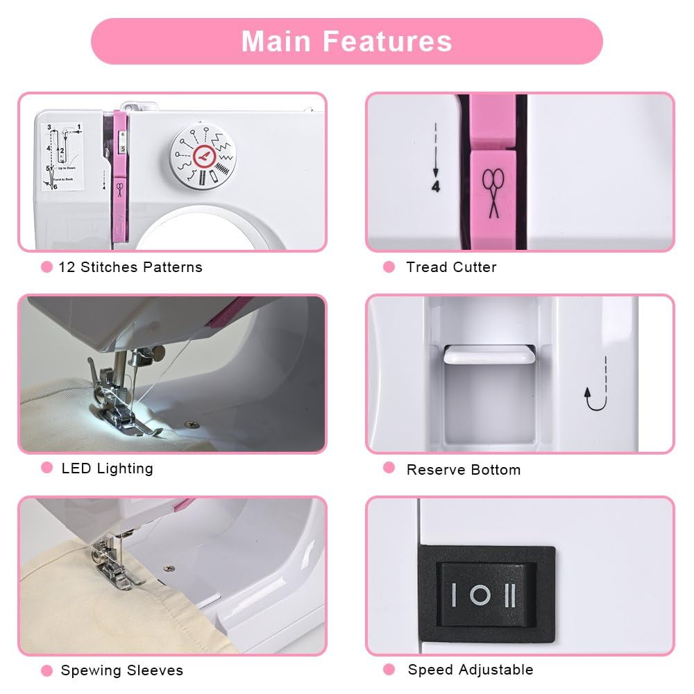 Mini Sewing Machine for Beginners, Electric Portable Small Sewing Machine with 12 Built-In Stitches Reverse Sewing Adjustable Speed LED Light Foot Pedal Heavy Duty Household Mending Stitching Machine