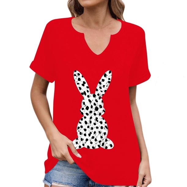 Corto para las Mujeres Casual Verano 2025 Pascua Impresión V-Cuello Camiseta, Ligero 95% Poliéster 5% Spandex Top para Toda la Temporada Hogar Y Diario