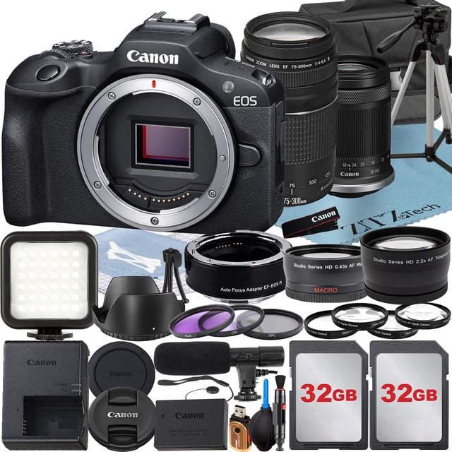 Canon EOS R100 Mirrorless Camera with RF-S 18-150mm + 75-300mm Lens + Mount Adapter + 2 Pack 32GB Memory Card + Case + ZeeTech Accessory