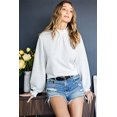 thumbnail image 3 of ABPHQTO Blusa de mujer blanca con manga de obispo texturizada y cuello fruncido con volantes, 3 of 5