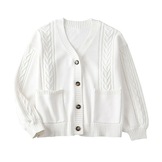 Soki Women's Long Sleeve Open Front Cable Knit Crop Cardigans V Neck Button Sweaters