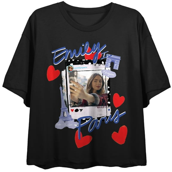 Emily In Paris Icons & Social Media Post Crew Neck Short Sleeve Women's Black Crop Top