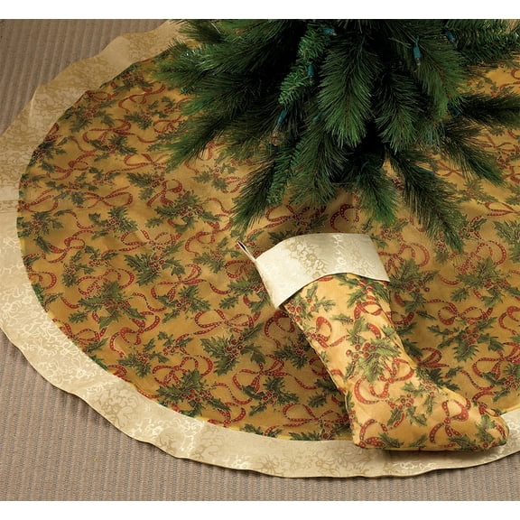 Gold Accent Christmas Holiday Tree Skirt, 48 Inch Round, New