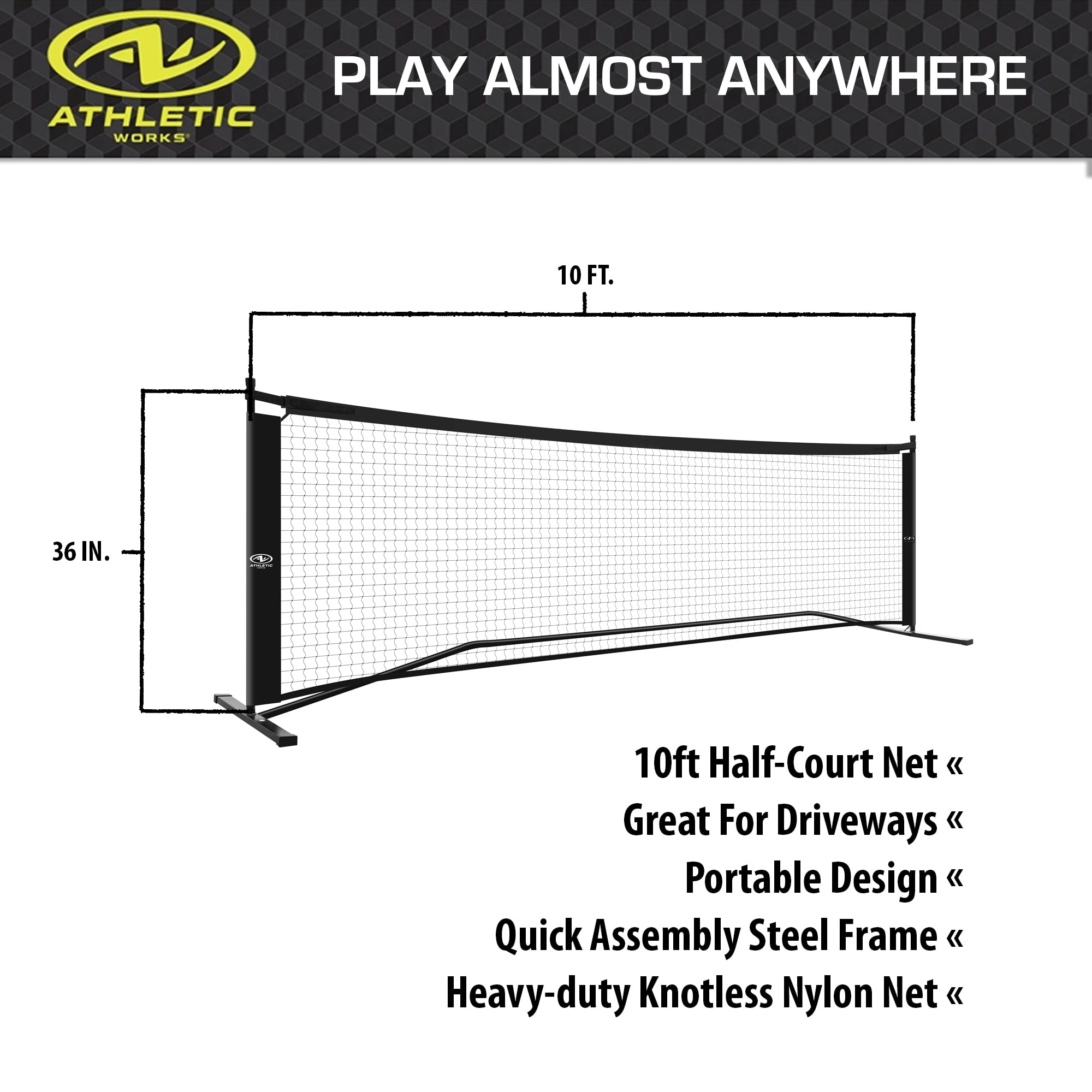 Athletic Works Easy Set up Half-Court Portable Pickleball Net, Interlocking Steel Frame for Quick and Easy Assembly, Durable Nylon Net, Includes Convenient Storage Bag, 10ft Net