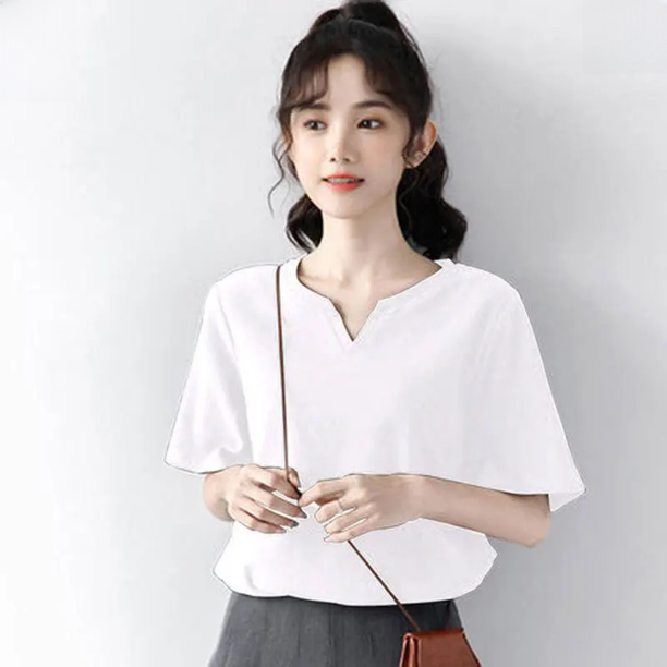 Elegante camiseta de algodón con cuello en V y manga corta para mujer, estilo simple y elegante, estilo Dongdaemun fresco para el verano