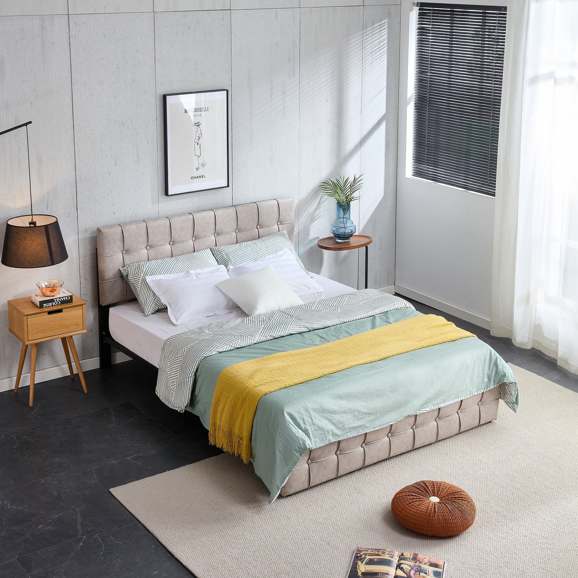 uhomepro Modern Full Size Upholstered Platform Bed Frame with Button