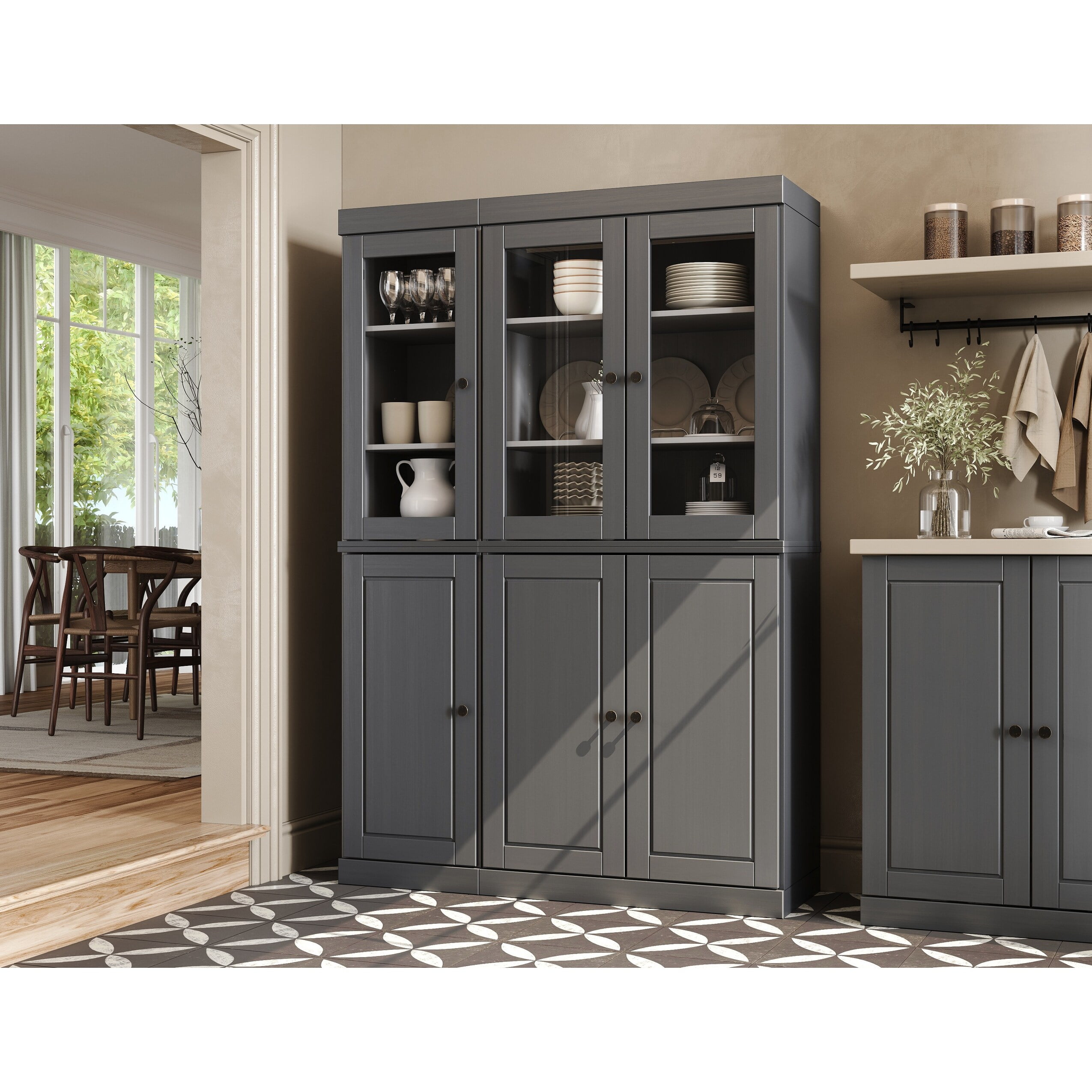 Palace Imports 100% Solid Wood Kitchen Pantry Storage Cabinet with Solid, Clear Glass Doors and Adjustable Shelves, Gray
