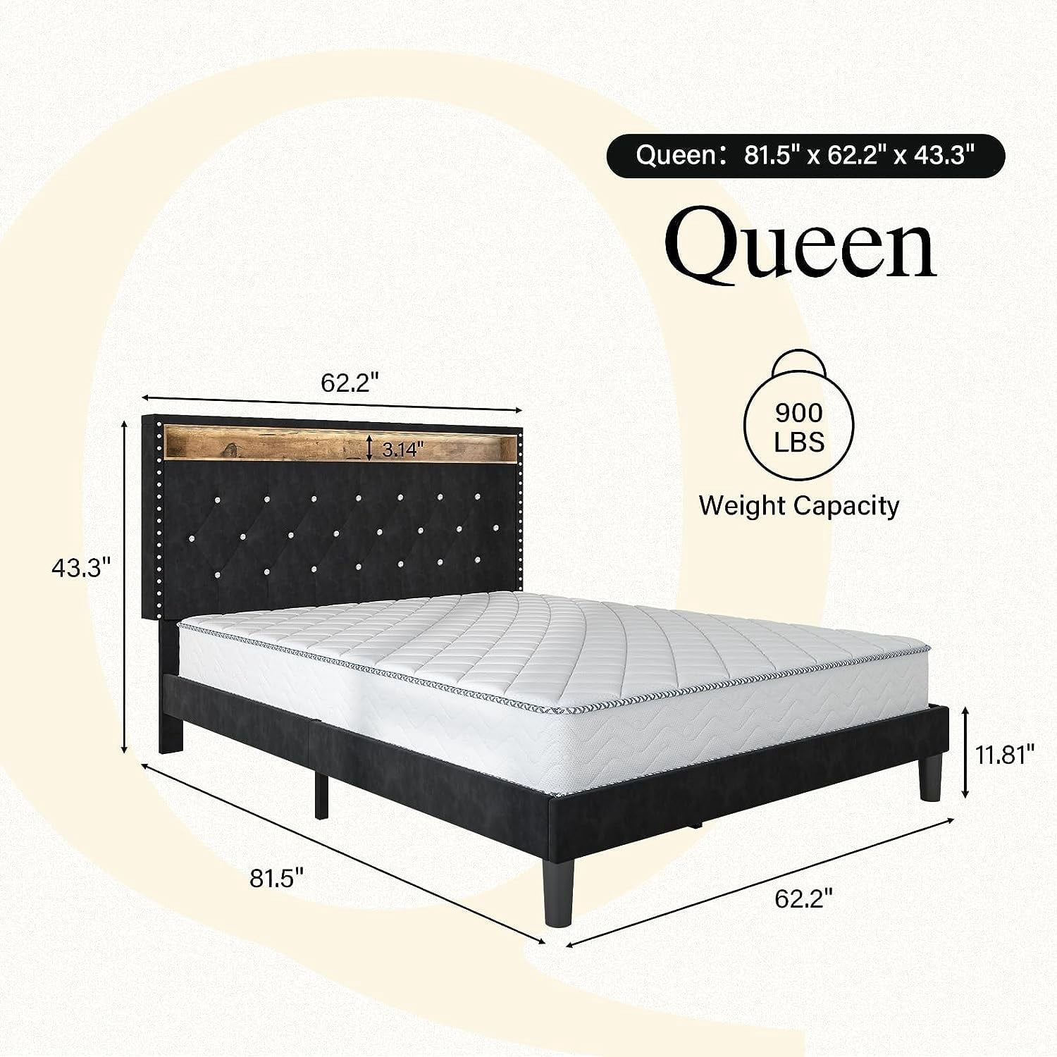 4 EVER WINNER Queen Size Bed Frame with Storage Headboard, Velvet Upholstered Bed Frame with LED Light, Black Queen Bed Frame with Charge Station, Black