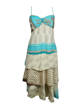 Mogul Women Boho Beach Dress, Off White Blue Printed Recycled Sari Dresses, Ruffled Boho Spaghetti Strap Dress SM