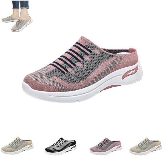 gzxflxpge Women Slip‑On Backless Mule Shoes Breathable Knit Mesh Casual Sneakers, Non‑Slip Light Weight Weaving Walking Footwear for Daily Wear Pink 8(CN-40)