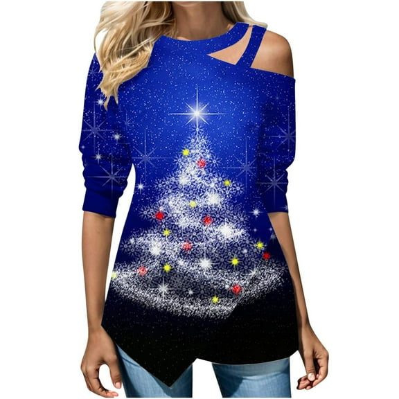 IROINNID Christmas Sweatshirts for Women One-shoulder Sexy Holiday Shirts Printed Women's Long Sleeve Casual Trendy Tops,Dark Blue