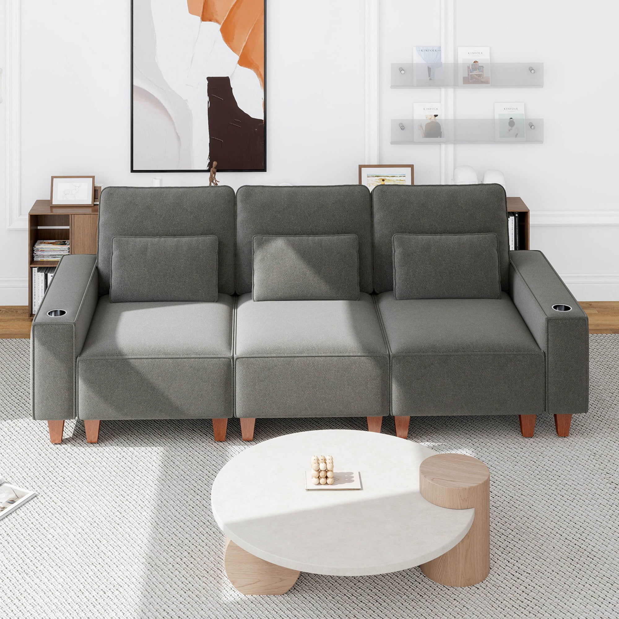 Gewnee Chenille 3 Seater Sofa with Wide Armrests,Cup Holders and Pillows,Comfortable WideSeat Sofa for Living Room or Apartment.Dark Grey