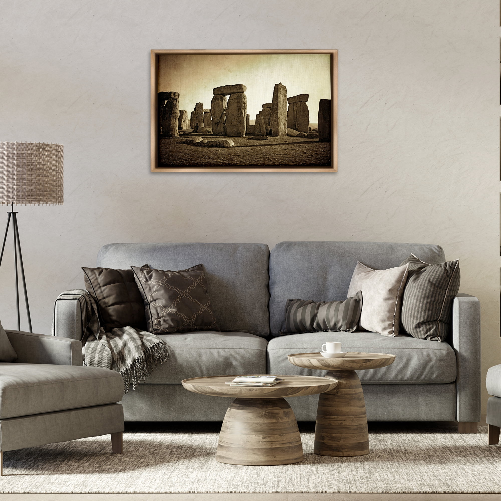 Stupell Industries Distant Stonehenge Sepia Landscape & Nature Photography Brown Floater Framed Canvas Art Print Wall Art, 31 x 21