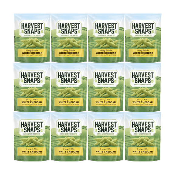 Harvest Snaps Baked Green Pea Snacks Veggie Chips – White Cheddar – Gluten Free Plant-Based Crunchy Snack – 3 oz Bags – 12 Count Bulk Pack
