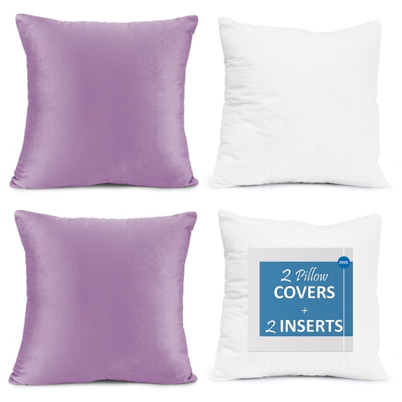 Nestl Plush 2 Pack Solid Decorative Microfiber Square Throw Pillow Cover with Throw Pillow Insert for Couch, Lavendar, 22" x 22"