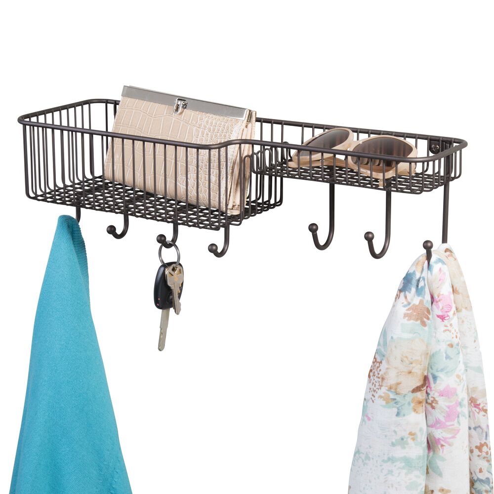 mDesign Metal Wire Wall Mount Entryway Storage Organizer Mail Basket Holder with 7 Hooks, 2 Compartments - for Organizing Letters, Magazines, Keys, Coats, Leashes - Bronze - image 1 of 5