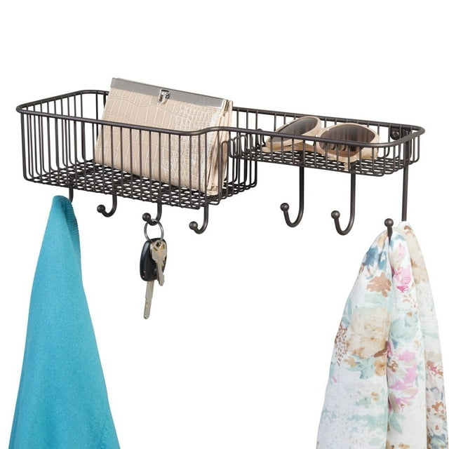 mDesign Metal Wire Wall Mount Entryway Storage Organizer Mail Basket Holder with 7 Hooks, 2 Compartments - for Organizing Letters, Magazines, Keys, Coats, Leashes - Bronze