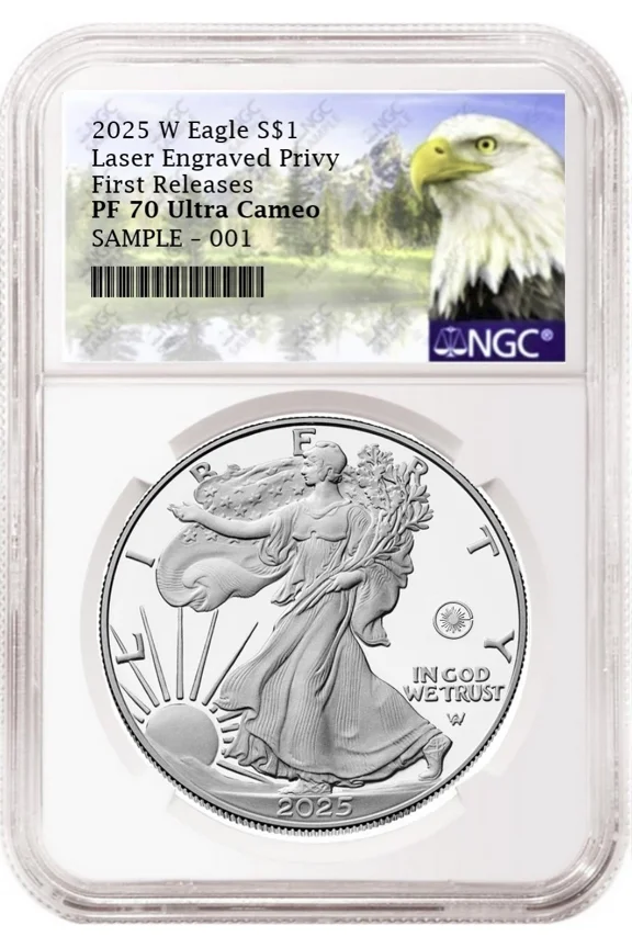 2025 W Proof American Silver Eagle with Laser Engraved Privy NGC PF70 First Releases Mtn