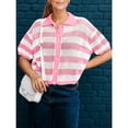 thumbnail image 3 of Women Summer Striped Crochet Cardigan Sweater Half Sleeve Button Up Top, 3 of 6