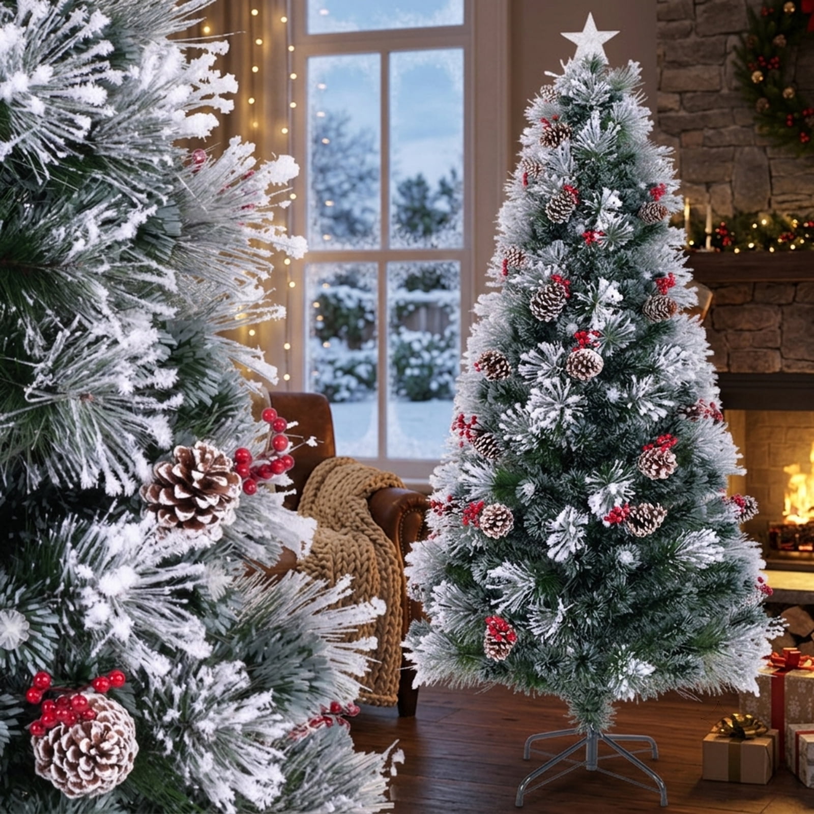 RUIE 7 ft Flocked Christmas Tree, Pre-Lit Green White Artificial Xmas Tree with 8 Lighting Modes, Pine Cones and Treetop Star Light