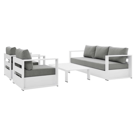 Lounge Sectional Sofa Chair Table Set, White Gray Grey, Aluminum, Metal, Fabric, Modern Contemporary, Outdoor Patio Balcony Cafe Bistro Garden Furniture Hotel Hospitality