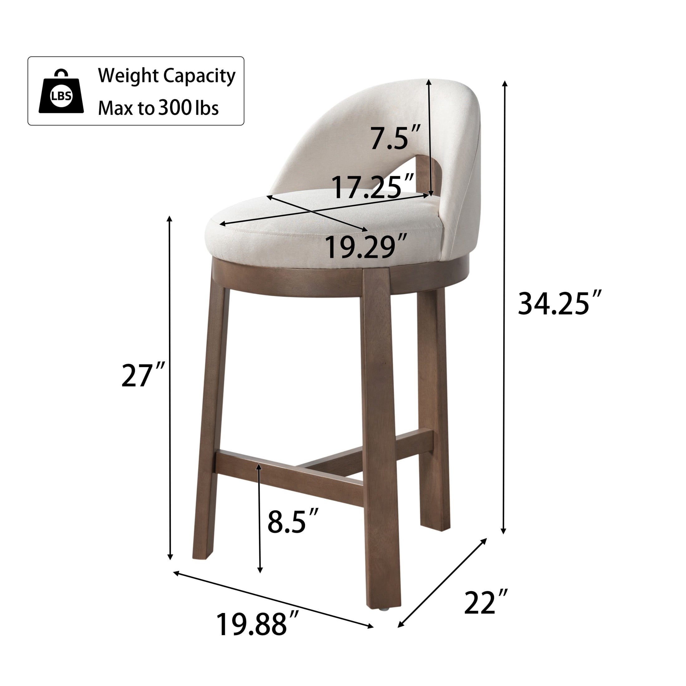 Christopher Knight Home Modern Upholstered Counter Stools with Curved Back, Wood Frame, Walnut+Beige, Set of 4