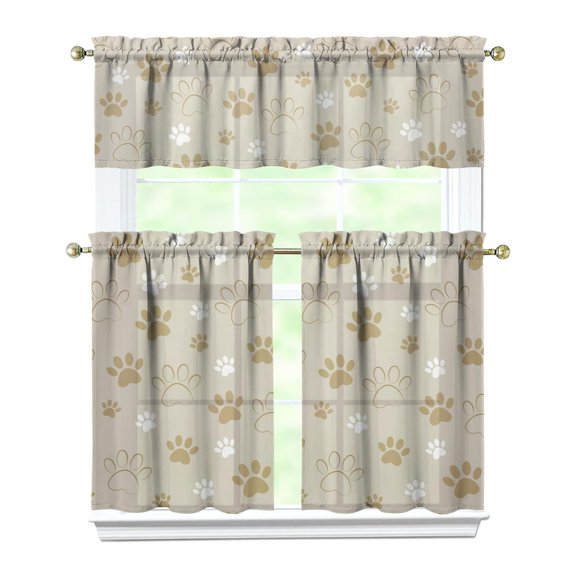 Dog Print Kitchen Curtains 36 Inch Short - 3 Panel Set, Cute Puppy & Floral Design, Rod Pocket Pet Lover Curtains 100% Polyester, Paw & Bone Pattern for Kitchen, Living Room, Bedroom, Easy Wash