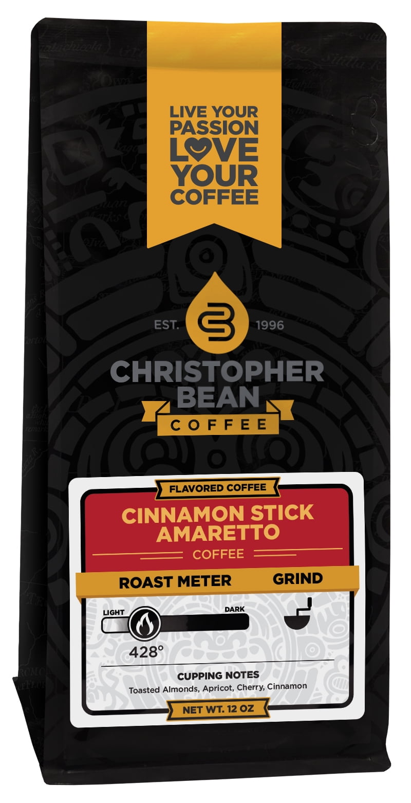 Amaretto Cinnamon Stick Flavored Decaf Whole Bean Christopher Bean Coffee, 100% Arabica, No Sugar, No Fats, Made with Non-GMO Flavorings, 12 Oz Bag of coffee