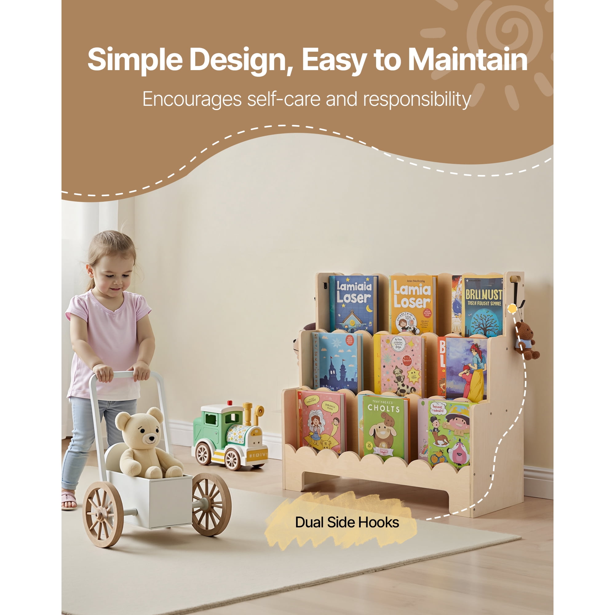 KFFKFF Montessori-Inspired 3-Tier Kids Bookshelf with Scalloped Design, Front-Facing Bookcase for Toddlers, Includes Dual Hooks for Backpacks, Ideal for Kids' Rooms, Living Areas, Entryways