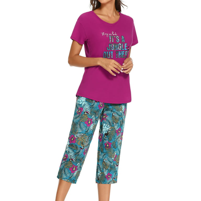 Women Capri Pajama Set Cartoon Print Short Sleeve Top+Pants