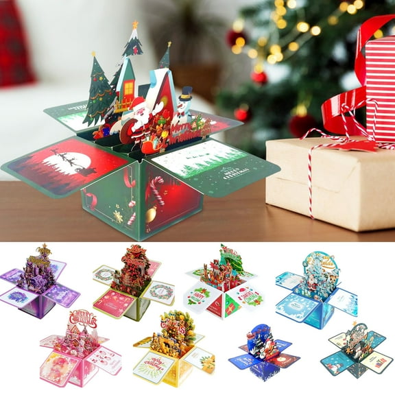 3D Pop Up Christmas Cards Handmade 3D Greeting Card Gift Box with Envelopes Foldable Merry Christmas Celebration Cards for Family Friends