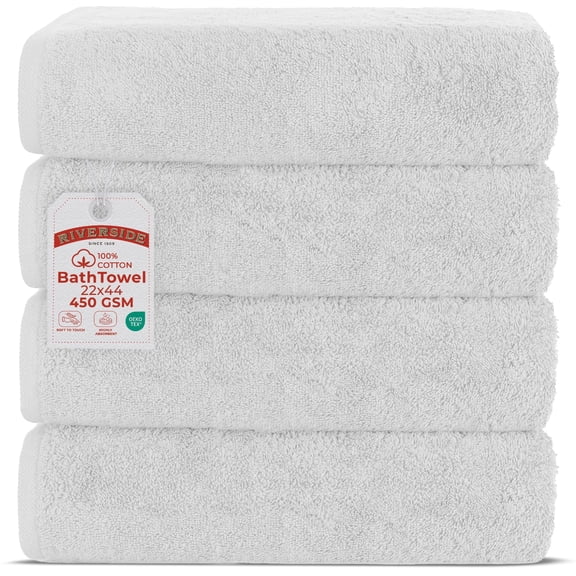 RIVERSIDE Cotton Bath Towels 22 x 44 Set of 4 Soft 450 GSM Quick Dry and Lightweight for Bathroom Spa - White