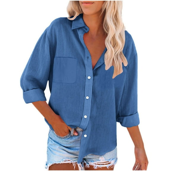 Womens Button Down Linen Shirts Fall Long Sleeve Lapel Tops Fashion Casual Work Solid Color V-Neck Loose Business Office Shirts with Pocket