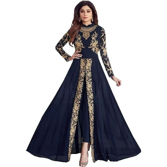 Indian Pakistani Designer Salwar Kameez Suits Round Full Flared Anarkali Gown Dress ( Blue, M - 40 )