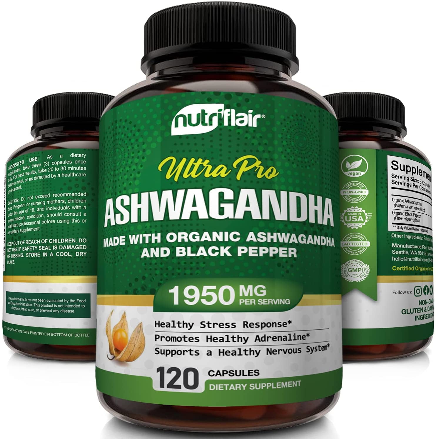 Certified Organic Ashwagandha Capsules 1950mg with Black Pepper Extract
