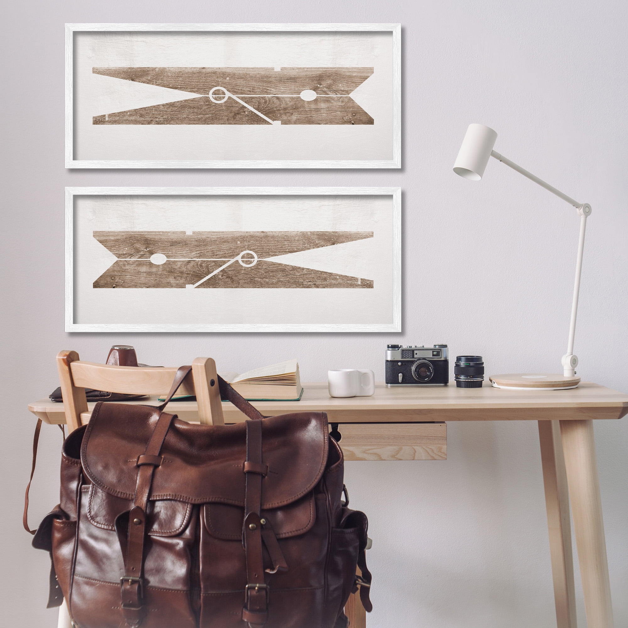 Stupell Industries Minimal Laundry Clothespins Abstract Painting White Framed Art Print Wall Art, 30 x 13, Set of 2
