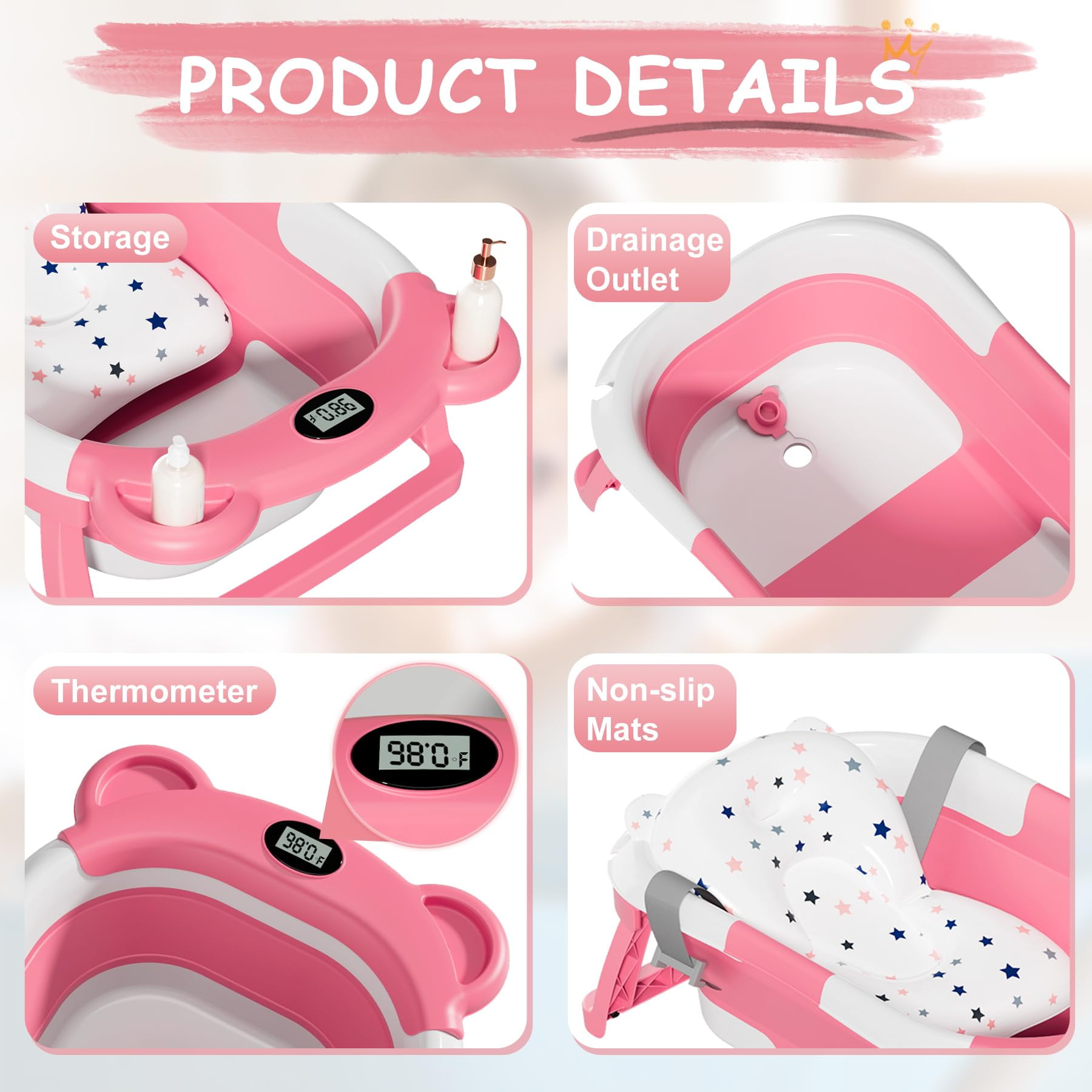 Collapsible Baby Bathtub with Thermometer and Floating Cushion, Foldable Tub Set for Infants to Toddlers